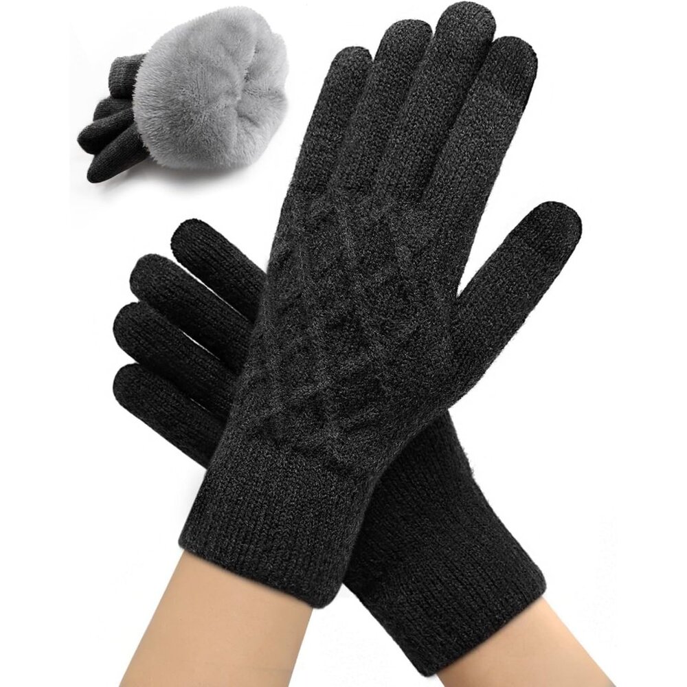 Women's Black Wool Lining Cuffs Windproof Winter Warm Knit Cold Weather Gloves